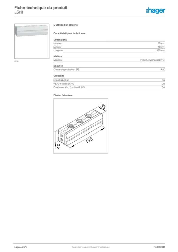 Image Hager Fiche technique du produit L5111 | Hager France