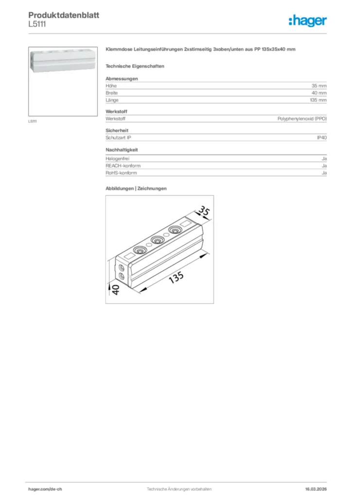 Bild Hager Produktdatenblatt L5111 | Hager Schweiz