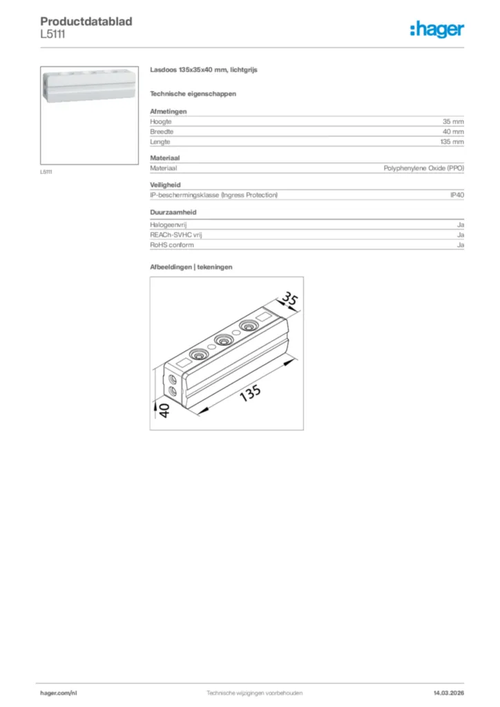 Afbeelding Hager Productdatablad L5111 | Hager Nederland