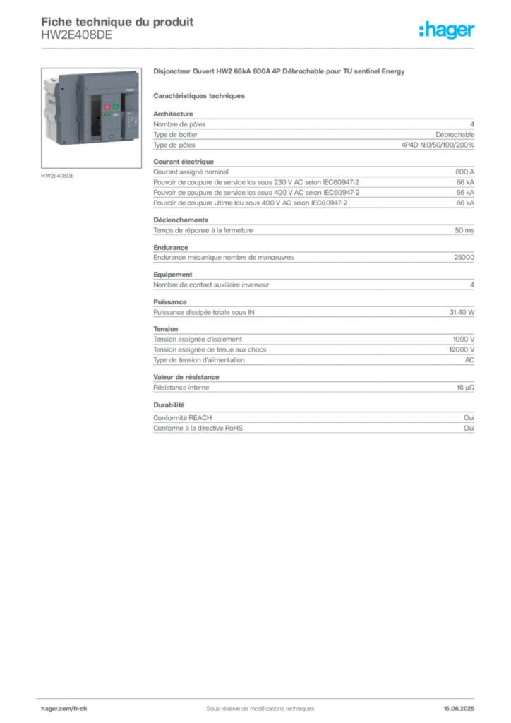 Image Hager Fiche technique du produit HW2E408DE | Hager Suisse