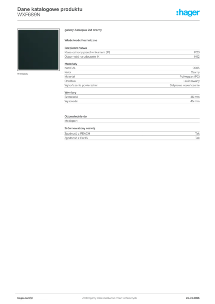 Zdjęcie Hager Dane katalogowe produktu WXF689N | Hager Polska