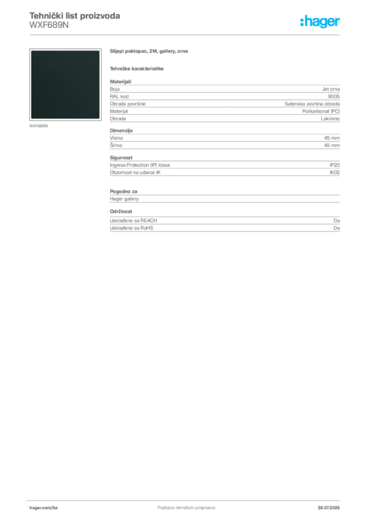 Slika Hager Product data sheet WXF689N  | Hager