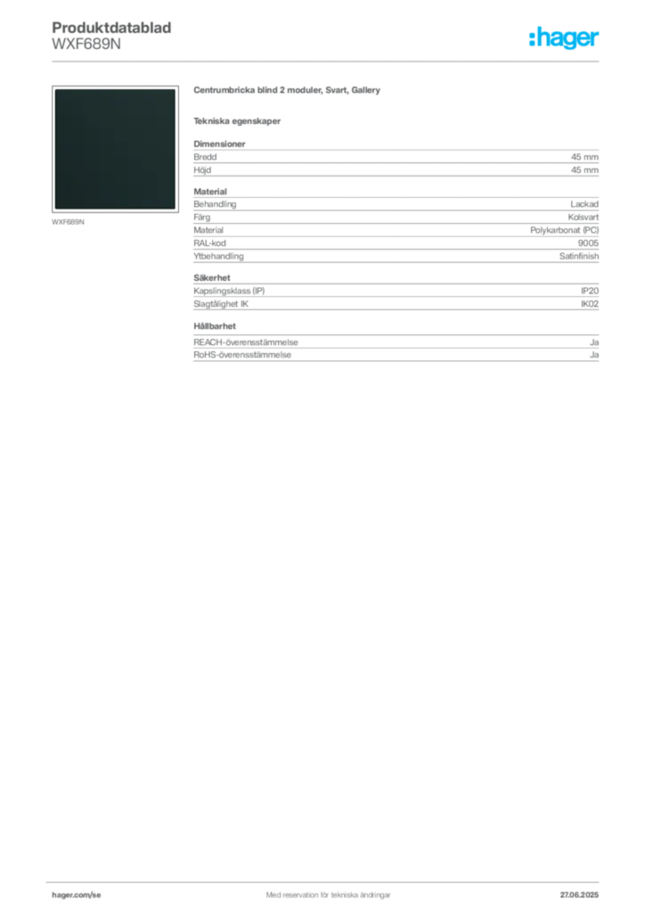 Bild Hager Produktdatablad WXF689N | Hager Sverige