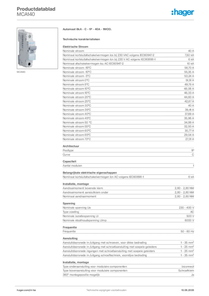 Afbeelding Hager Productdatablad MCA140 | Hager Belgium