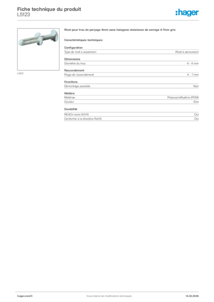Image Hager Fiche technique du produit L5123 | Hager France