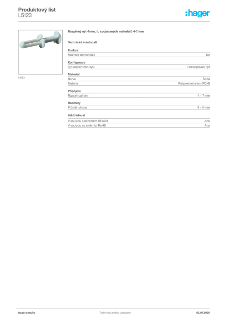 Obrázek Hager Produktový list L5123 | Hager