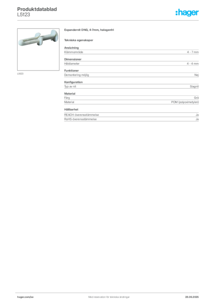 Bild Hager Produktdatablad L5123 | Hager Sverige