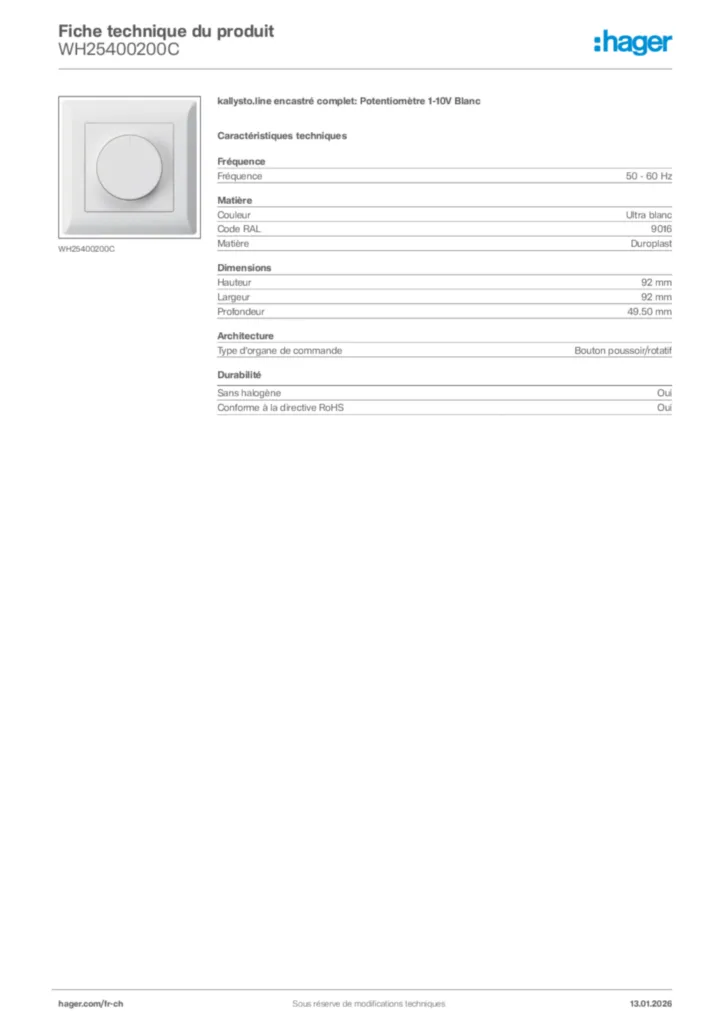 Image Hager Fiche technique du produit WH25400200C | Hager Suisse
