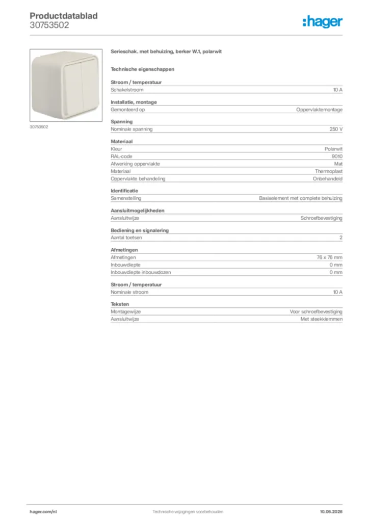 Afbeelding Hager Productdatablad 30753502 | Hager Nederland