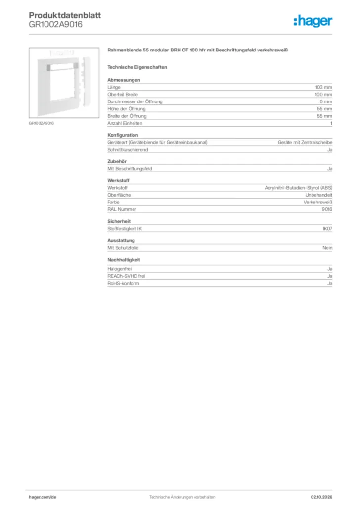 Bild Hager Produktdatenblatt GR1002A9016 | Hager Deutschland