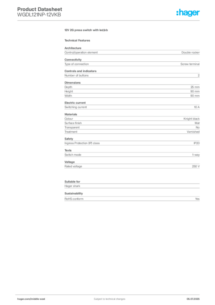 Image Hager Product data sheet WGDL121NP-12VKB  | Hager