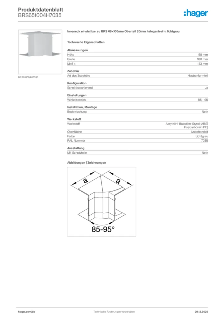 Bild Hager Produktdatenblatt BRS651004H7035 | Hager Deutschland
