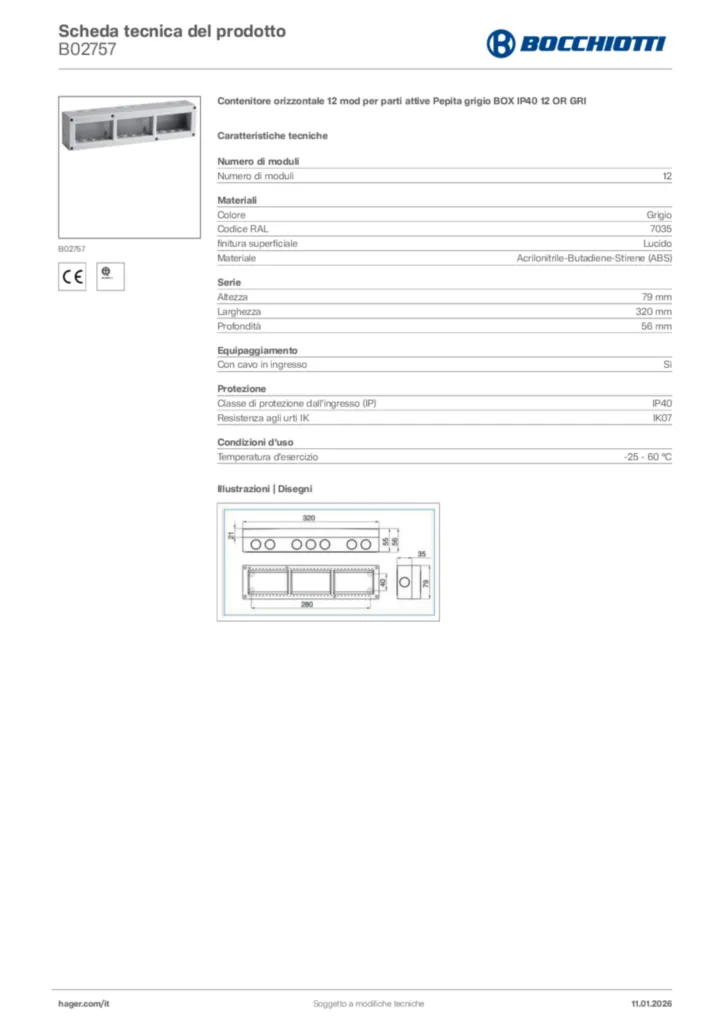 Immagine Bocchiotti Scheda tecnica del prodotto B02757 | Hager Italia