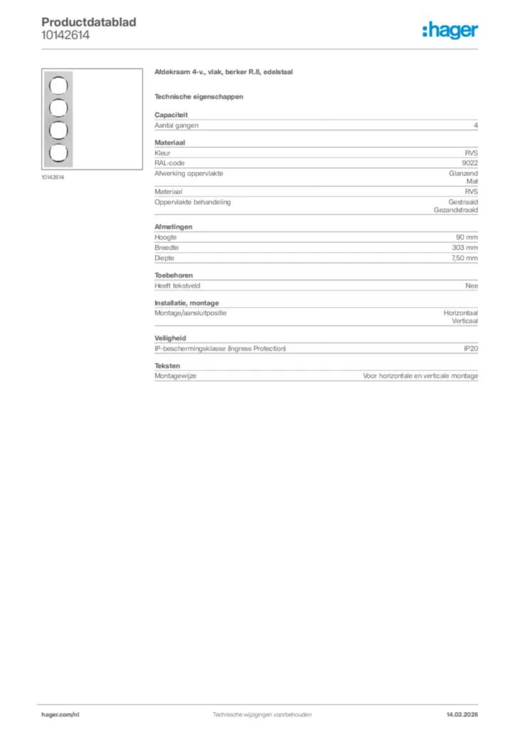 Afbeelding Hager Productdatablad 10142614 | Hager Nederland