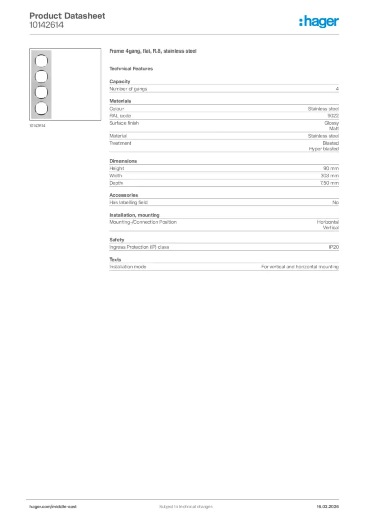 Image Hager Product data sheet 10142614  | Hager