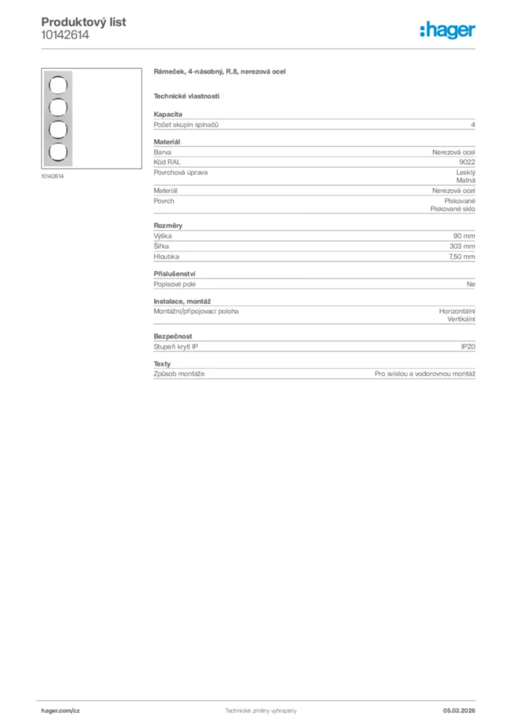 Obrázek Hager Product data sheet 10142614 | Hager