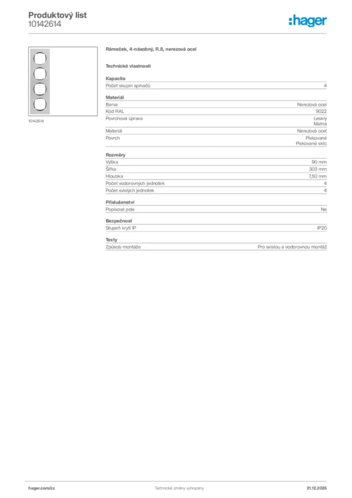 Obrázek Hager Produktový list 10142614 | Hager