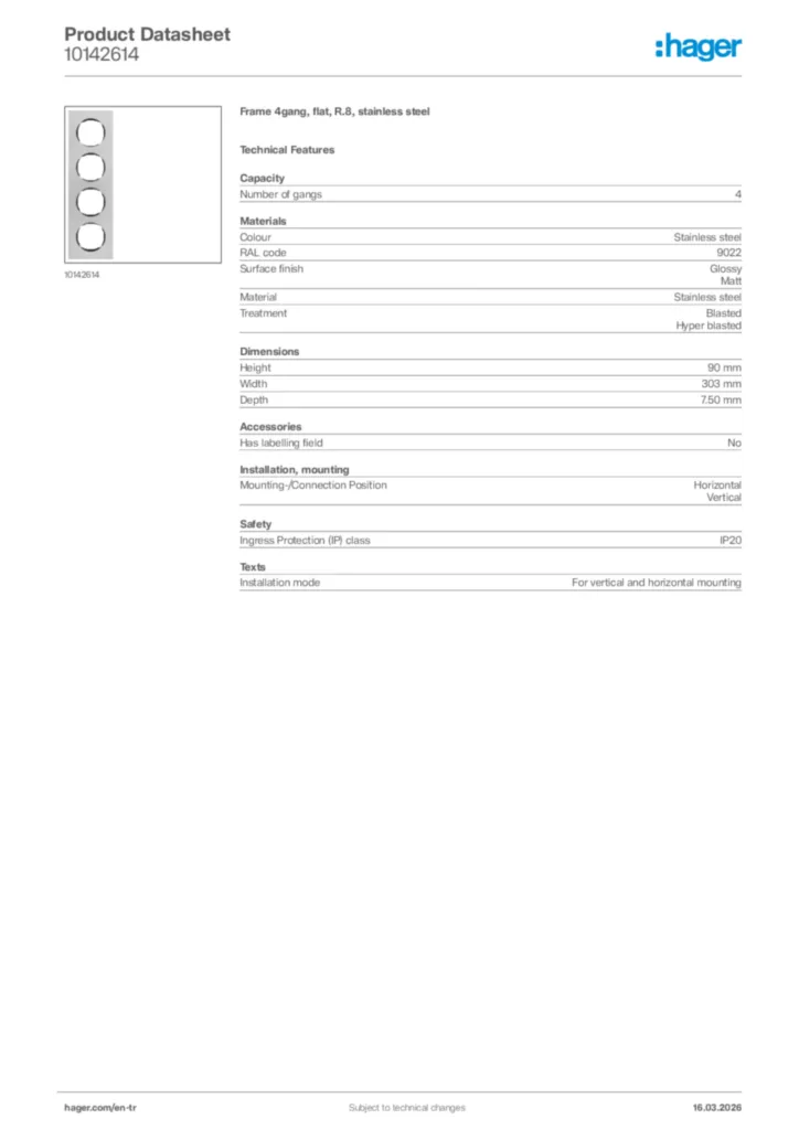 Image Hager Product data sheet 10142614  | Hager