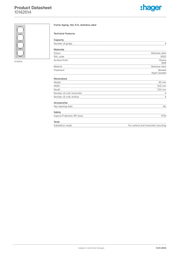 Image Hager Product data sheet 10142614  | Hager