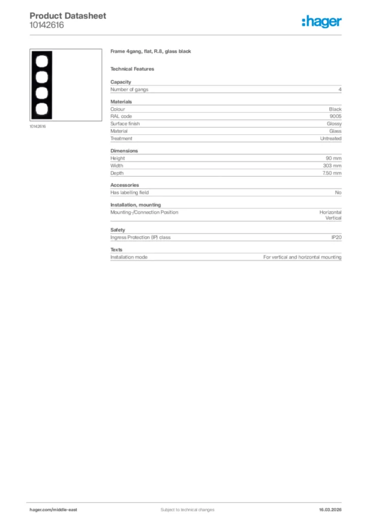 Image Hager Product data sheet 10142616  | Hager