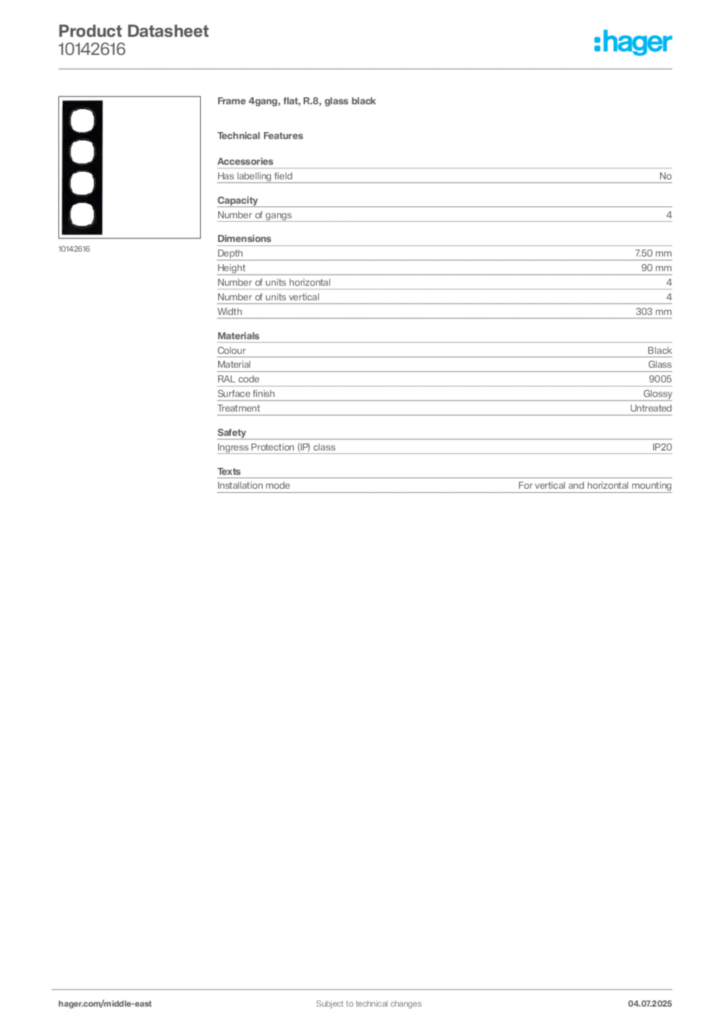 Image Hager Product data sheet 10142616  | Hager