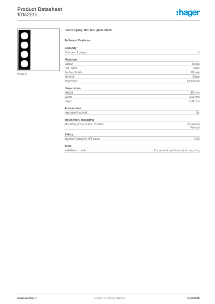 Image Hager Product data sheet 10142616  | Hager