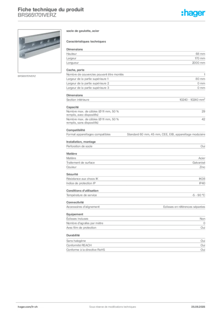 Image Hager Fiche technique du produit BRS651701VERZ | Hager Suisse