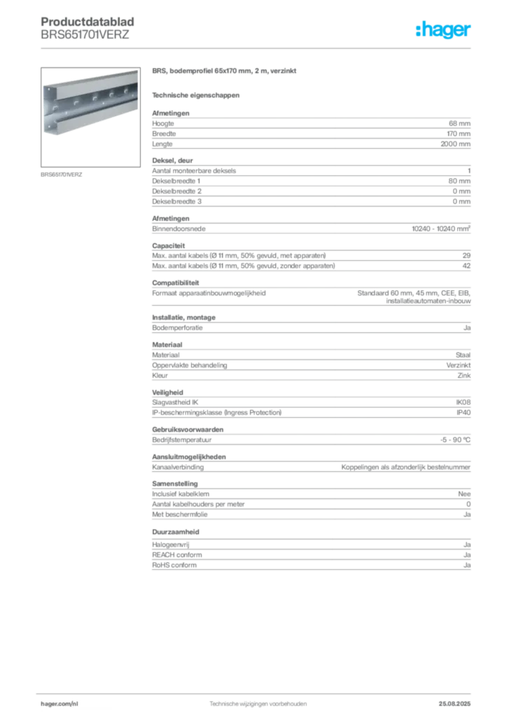 Afbeelding Hager Productdatablad BRS651701VERZ | Hager Nederland