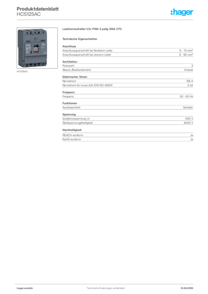 Bild Hager Produktdatenblatt HCS125AC | Hager Deutschland