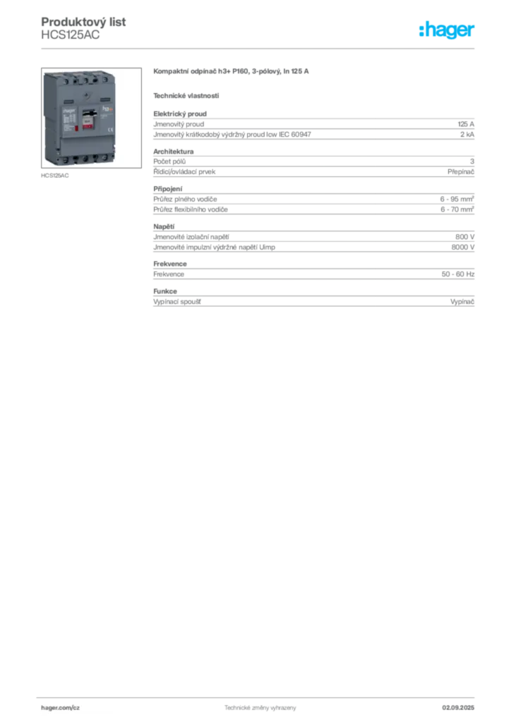 Obrázek Hager Produktový list HCS125AC | Hager