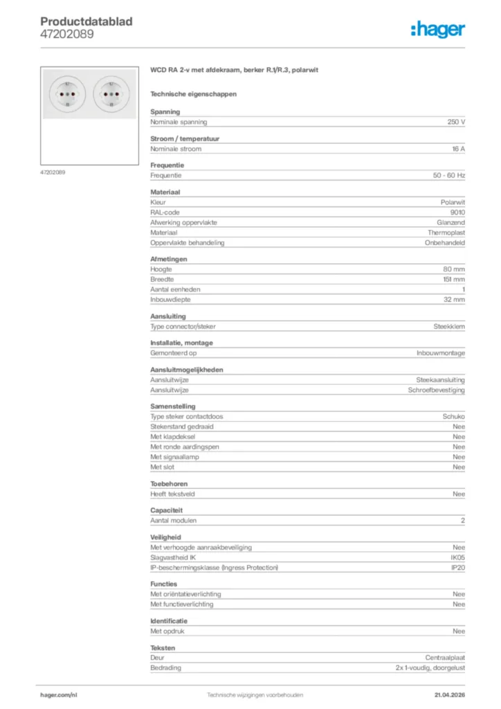 Afbeelding Hager Productdatablad 47202089 | Hager Nederland