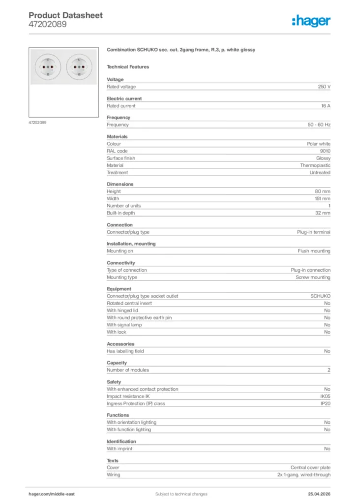 Image Hager Product data sheet 47202089  | Hager