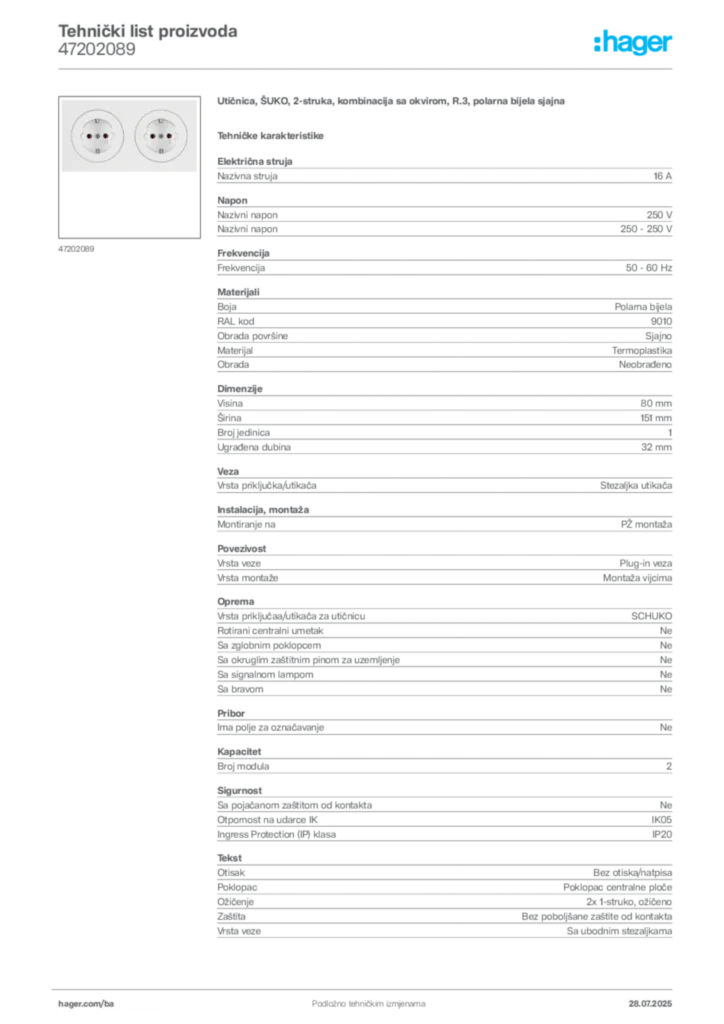 Slika Hager Product data sheet 47202089  | Hager