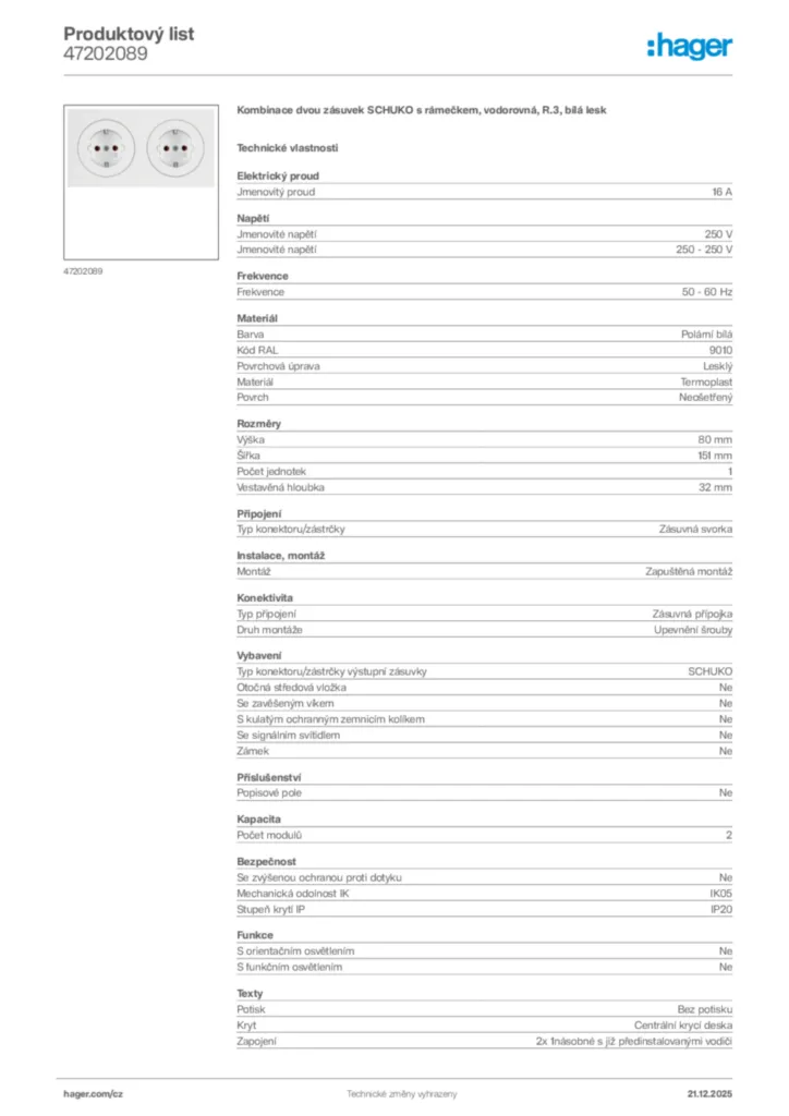 Obrázek Hager Produktový list 47202089 | Hager