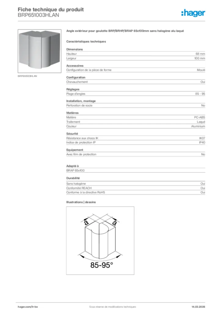 Image Hager Fiche technique du produit BRP651003HLAN | Hager Belgique