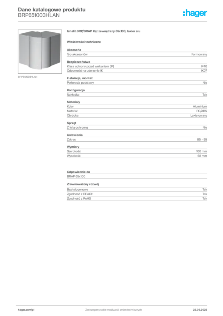 Zdjęcie Hager Dane katalogowe produktu BRP651003HLAN | Hager Polska