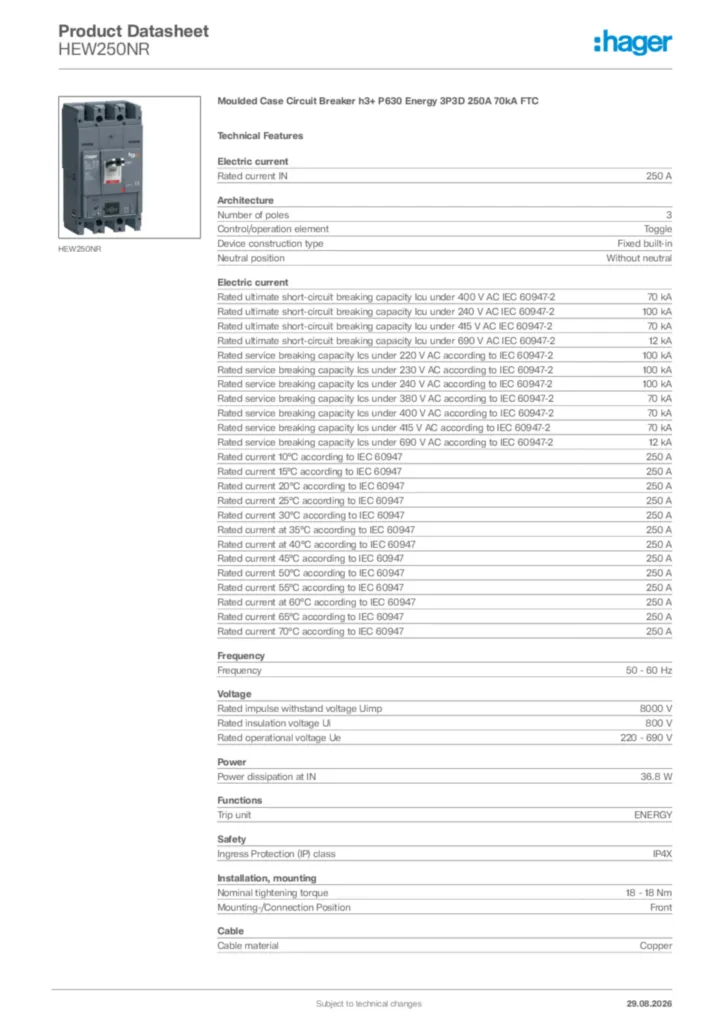 Image Hager Product data sheet HEW250NR  | Hager Africa