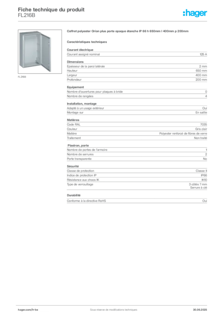 Image Hager Fiche technique du produit FL216B | Hager Belgique