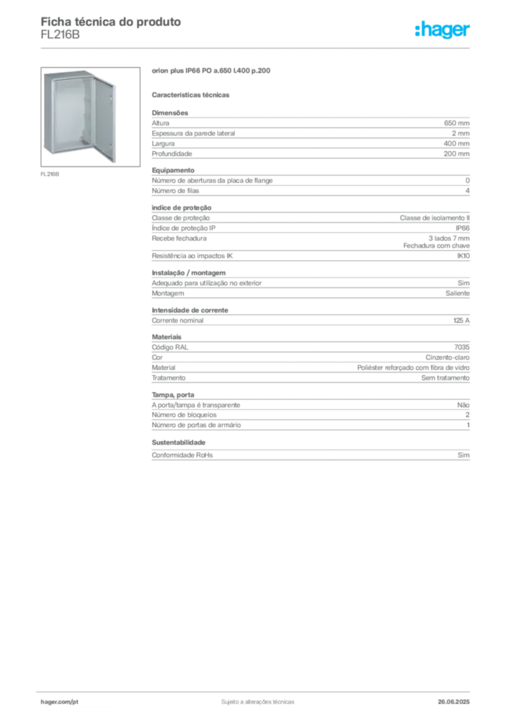 Imagem Hager Ficha técnica do produto FL216B | Hager Portugal