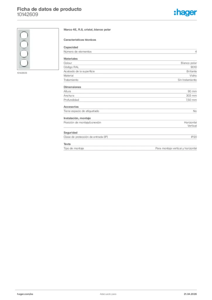 Imagen Hager Ficha de datos de producto 10142609 | Hager España