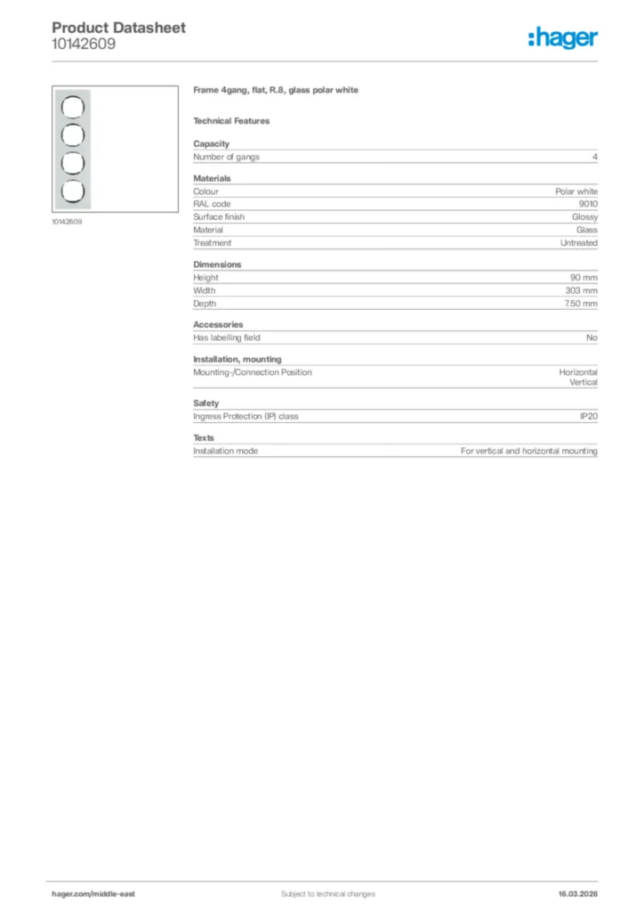 Image Hager Product data sheet 10142609  | Hager