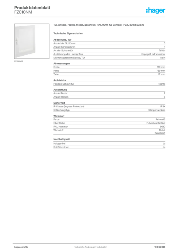 Hager Produktdatenblatt FZ010NM