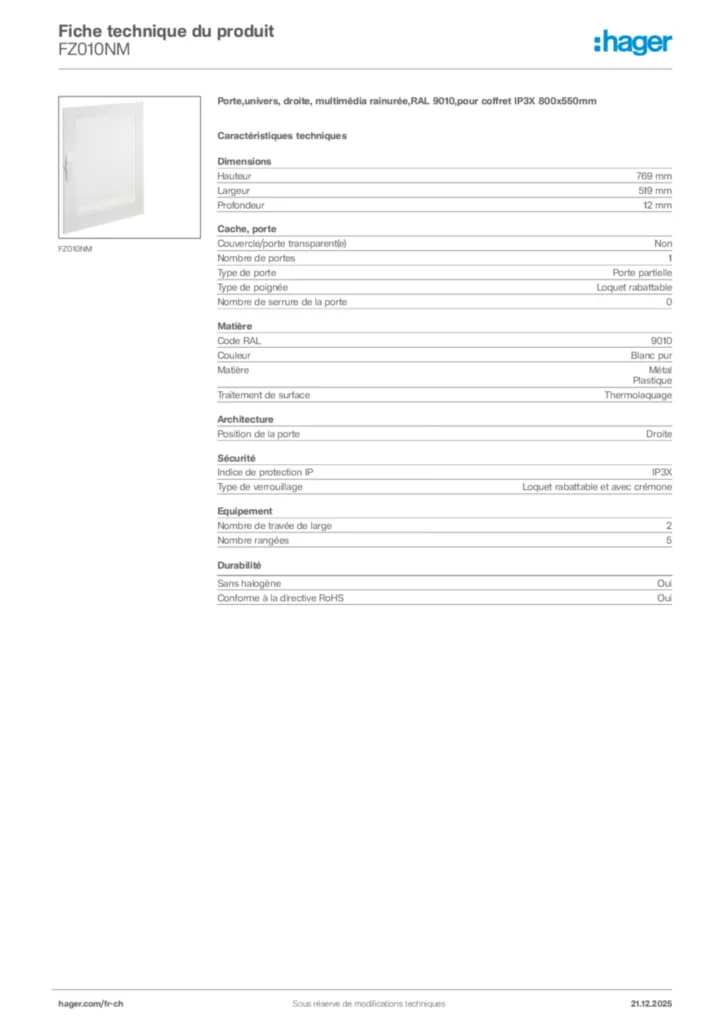 Image Hager Fiche technique du produit FZ010NM | Hager Suisse