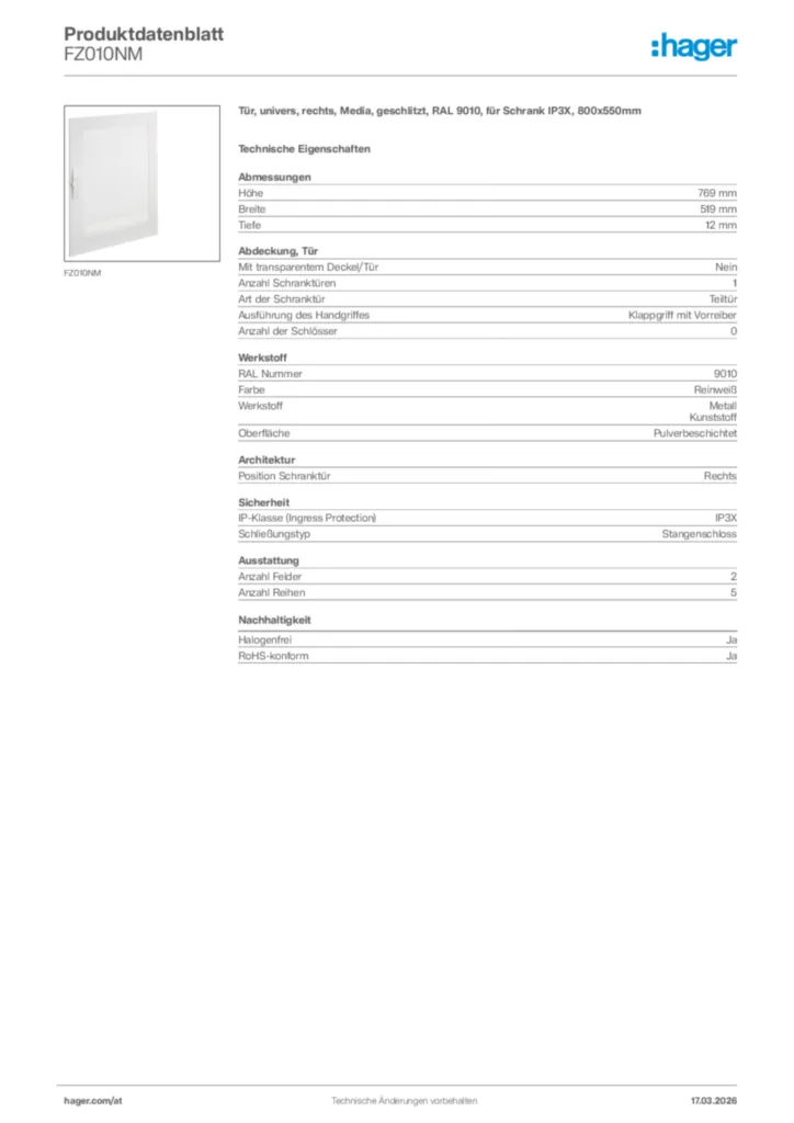 Bild Hager Produktdatenblatt FZ010NM | Hager Deutschland