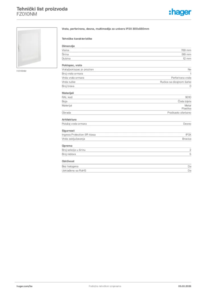 Slika Hager Tehnički list proizvoda FZ010NM  | Hager