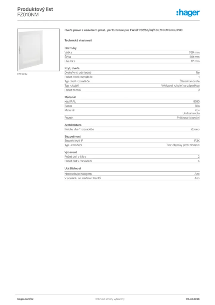 Obrázek Hager Product data sheet FZ010NM | Hager