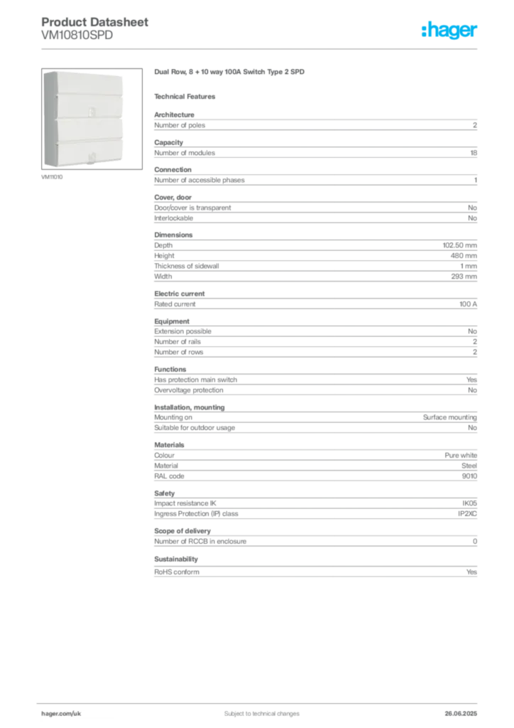 Image Hager Product data sheet VM10810SPD  | Hager