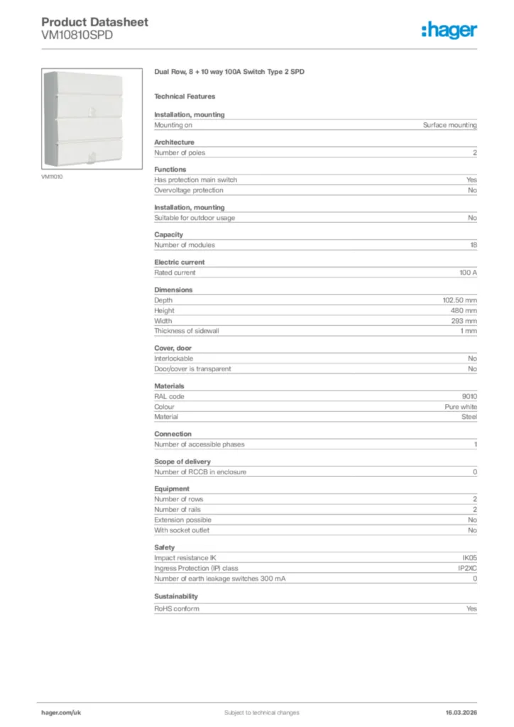 Image Hager Product data sheet VM10810SPD  | Hager
