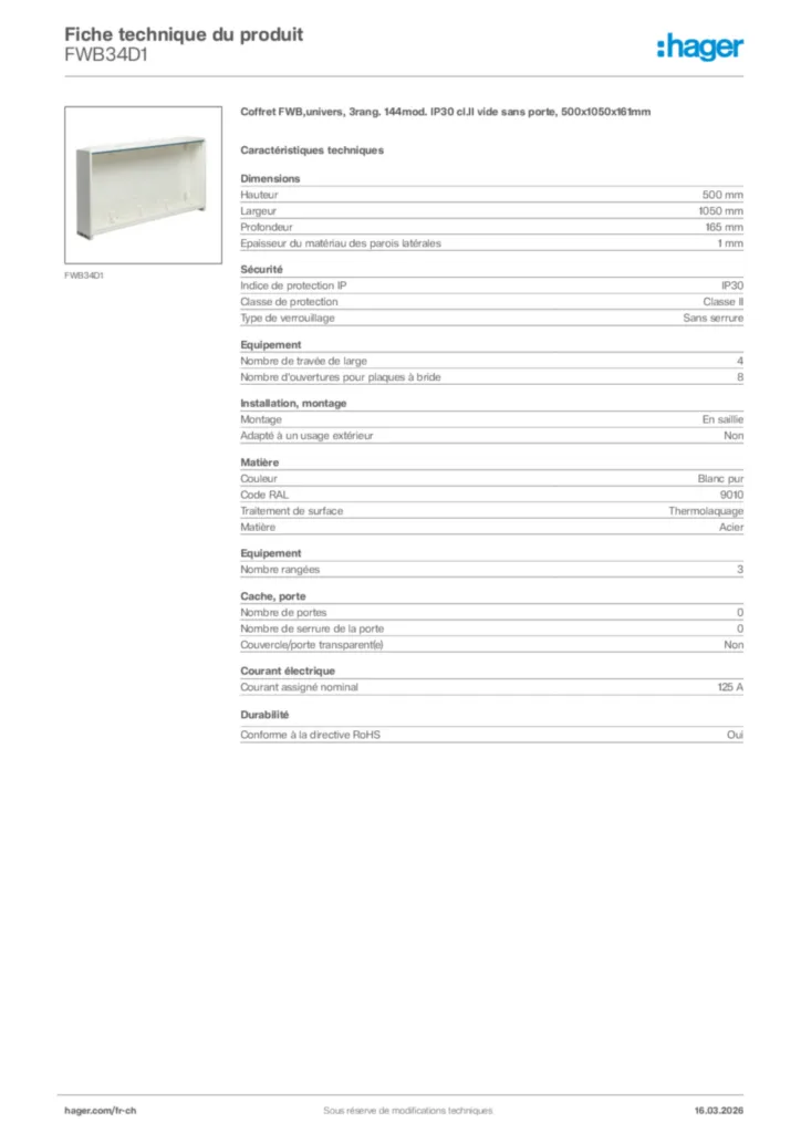 Image Hager Fiche technique du produit FWB34D1 | Hager Suisse