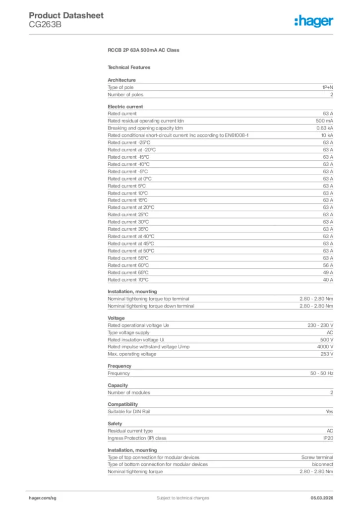 Image Hager Product data sheet CG263B  | Hager